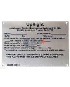 UpRight 061205-005-99 Plate, Serial