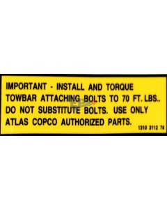 Atlas Copco 1310-3112-74 Decal, Label, Towbar Torque Specs